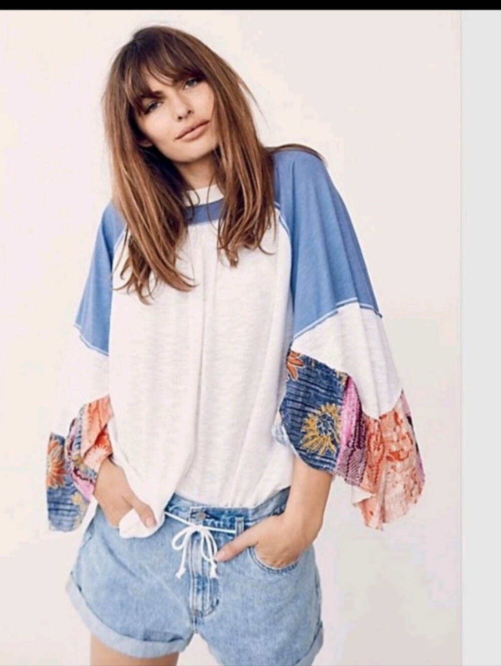 We The Free Free People Patchwork Bell Sleeve Top, Size Medium